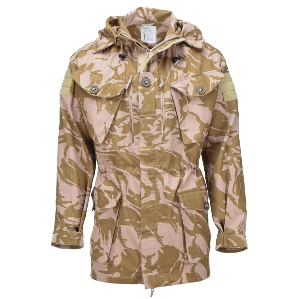 British military smock jacket with desert camouflage, flame resistant, windproof, hooded parka for rugged conditions.