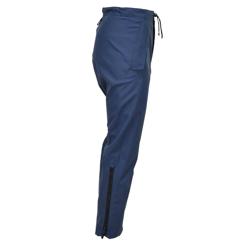 Blue Genuine British RAF MVP waterproof rain trousers with adjustable cuffs and side pockets, designed for outdoor use.