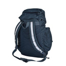 Back view of genuine British Royal Air Force 30L durable blue canvas backpack with padded straps for hiking and camping