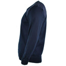 Side view of genuine British military navy blue commando jumper with V-neck and long sleeves for men