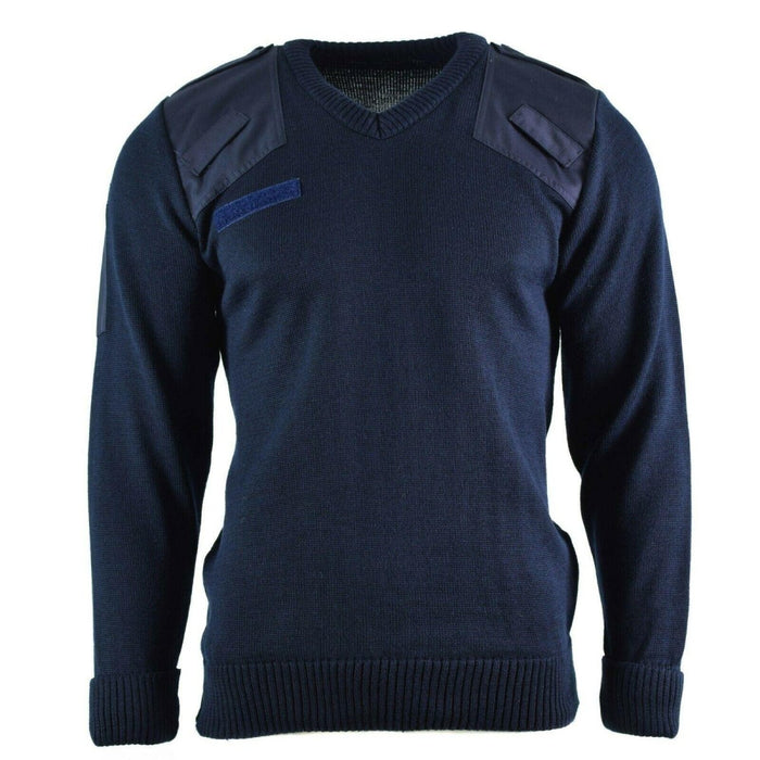 Véritable pull col V bleu commando militaire britannique avec épaules renforcées et plaque signalétique pour homme