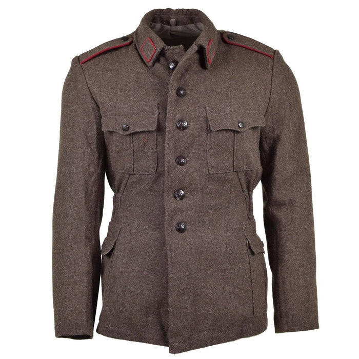 Veste en laine de l'armée bulgare vintage en gris-marron avec un design militaire, une fermeture boutonnée et plusieurs poches pour plus de durabilité.