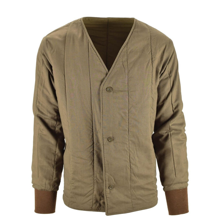 Véritable veste à doublure thermique matelassée M60 de l'armée tchèque avec bouton sur le devant et poignets côtelés marron pour plus de chaleur et de durabilité.