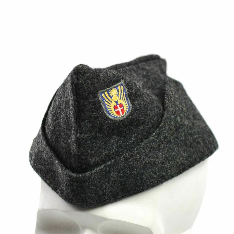 Vintage Danish army wool garrison cap in gray with embroidered military insignia patch from the 1950s era.