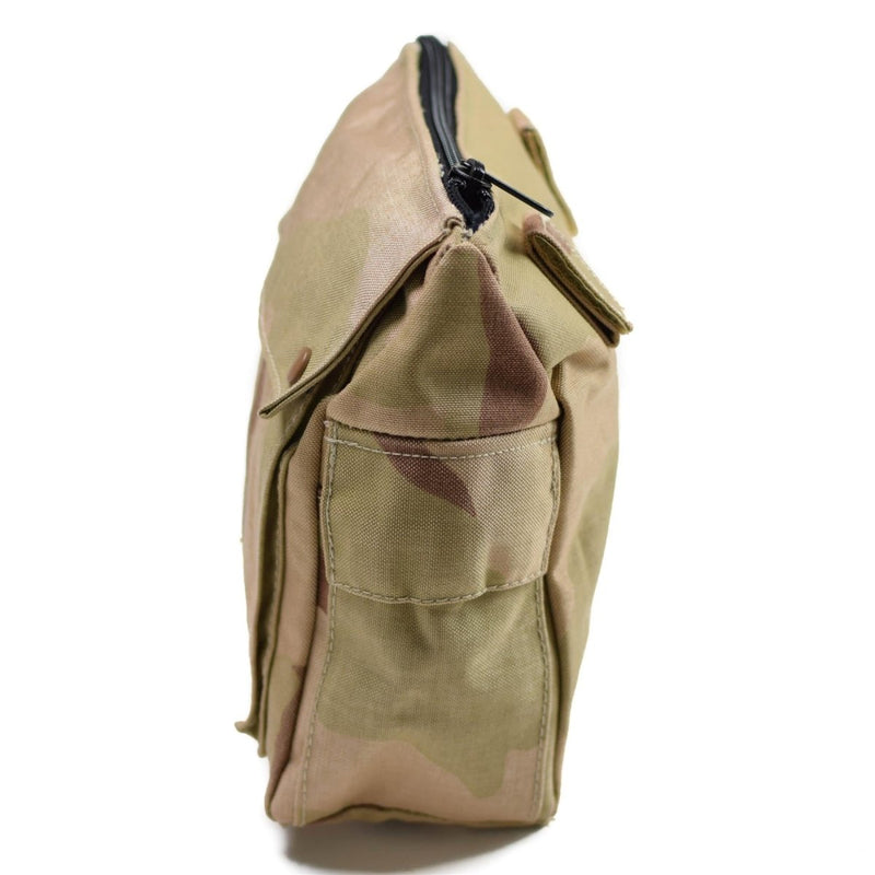 Side view of a genuine Dutch Army gas mask bag in desert camo with zipper and front pocket pouch