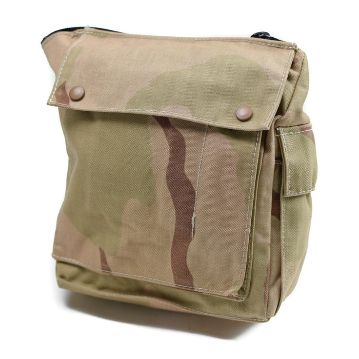 Véritable sac pour masque à gaz camouflage du désert de l'armée néerlandaise avec bandoulière et boucle sécurisée, pochette vintage pour surplus militaire.