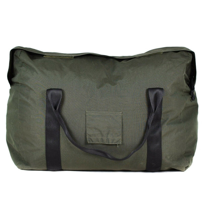 Véritable pochette de transport pour sac de couchage vert olive de l'armée néerlandaise avec poignées noires et fermeture à glissière pour le rangement du matériel militaire