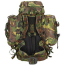 Dutch Army 60L DPM woodland camouflage combat backpack with aluminum frame and detachable side pouches totaling 20L capacity