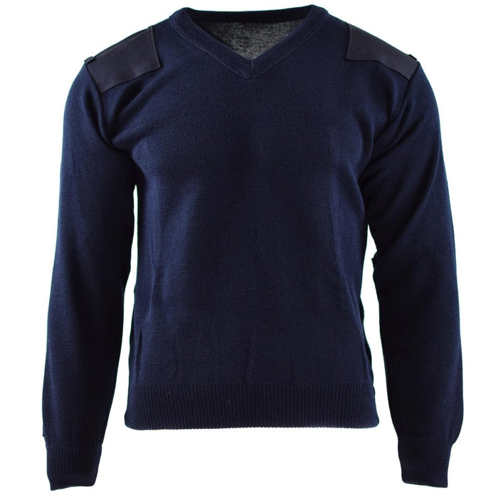 Véritable pull de l'armée hollandaise bleu foncé avec épaules et coudes renforcés, pull militaire à col en V pour plus de durabilité et de confort.