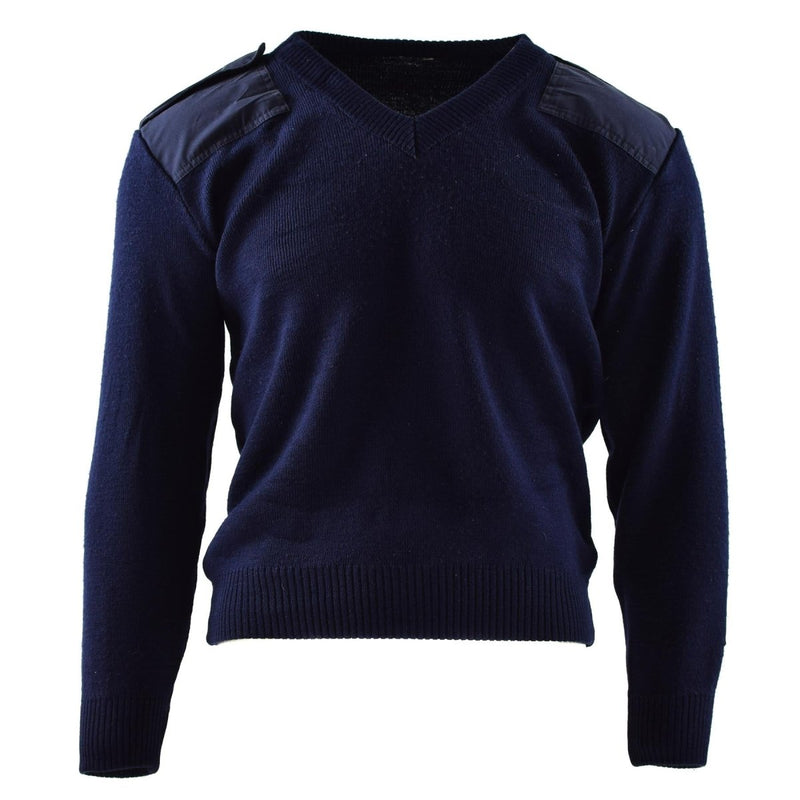 Dark blue genuine Dutch military sweater with reinforced shoulders, round neck, and durable knit fabric for rugged use.