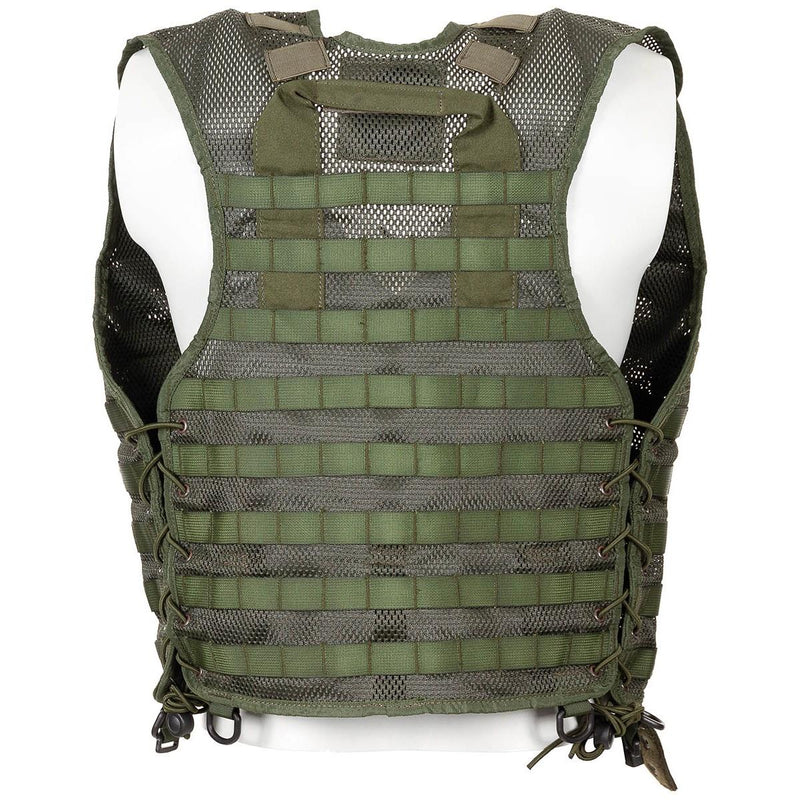 Genuine Dutch military olive green tactical vest with MOLLE system, breathable mesh, and adjustable side straps.