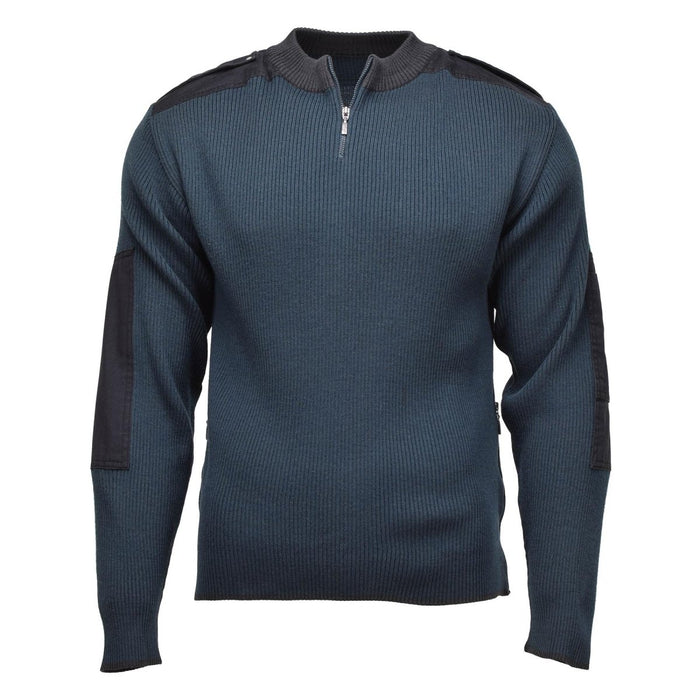 Véritable pull troyer bleu de surplus militaire néerlandais avec un quart de zip et des coudières renforcées.