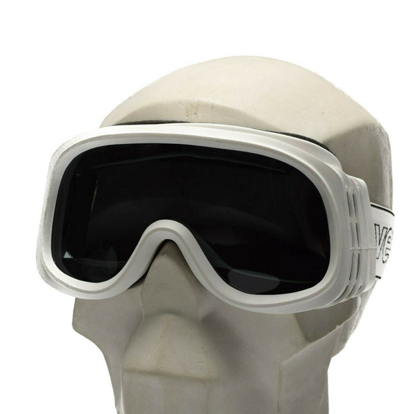 White French alpine UVEX goggles with dark lenses and adjustable strap on mannequin head for eye protection.