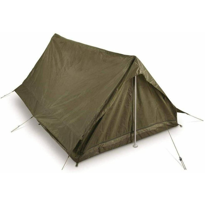 Tente surplus militaire 2 personnes F1/F2 de l'armée française d'origine beige olive avec protection en polyester imperméable et moustiquaire.