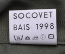 Care label on genuine French army F2 combat jacket showing brand Socovet and washing instructions.