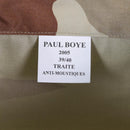 Close-up of anti-mosquito treated label inside a genuine French Army F2 desert camo military shirt.