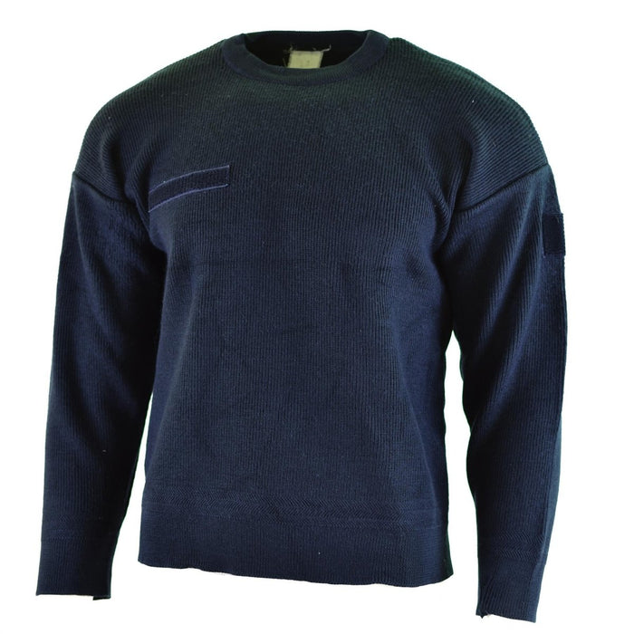 Authentique pull commando bleu de l'armée française à col rond, pull militaire léger et résistant avec patchs auto-agrippants.