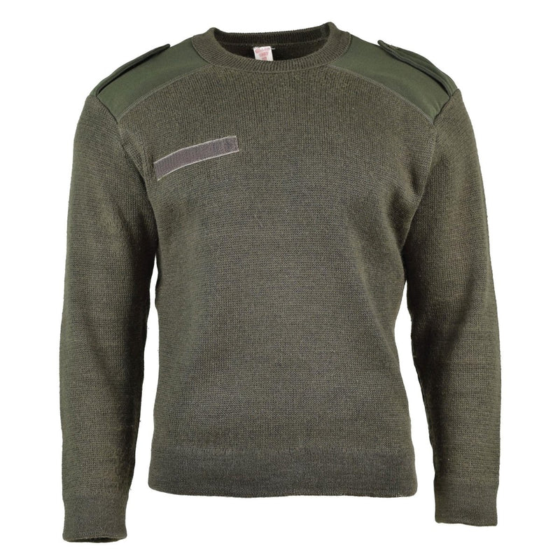 Genuine French army olive commando jumper with round neck, wool blend, reinforced shoulders and elbows for durability.