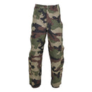 Genuine French Army trilaminate waterproof rain pants with CCE camo pattern and adjustable braces for secure fit.