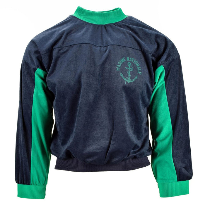 Véritable pull de sport à col roulé vert marine de l'armée française avec emblème de la Marine Nationale, tissu en coton mélangé, pull de style vintage.