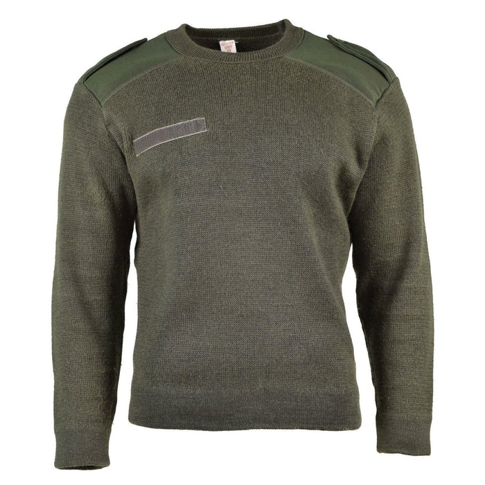 Véritable pull de l'armée française vert olive avec épaules et coudes renforcés, col rond, pull militaire résistant.