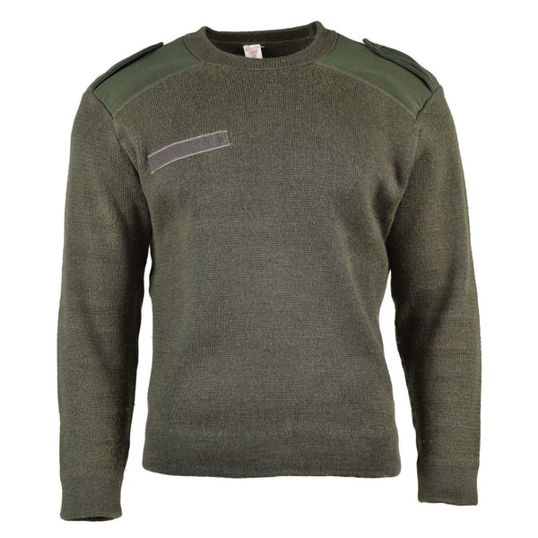 Olive green genuine French army sweater with reinforced shoulders and elbows, round neck, durable military pullover.