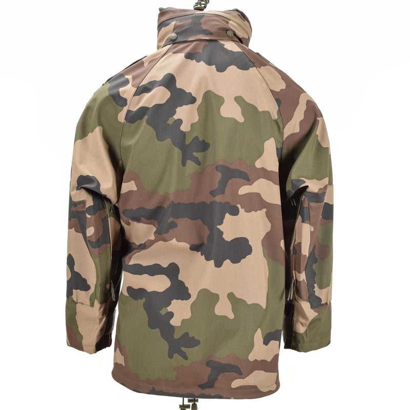 Back view of genuine French army waterproof trilaminate camo Gore-Tex hooded rain parka jacket