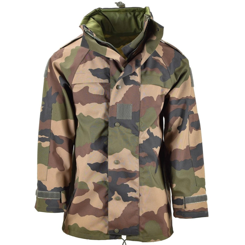 Genuine French army waterproof trilaminate camo parka with hood, storm flap, adjustable cuffs, and reinforced elbows.