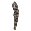 Side view of genuine French military CCE camouflage mechanic jumpsuit with roomy fit and durable fabric