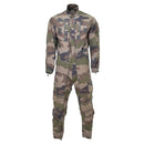 Genuine French military CCE camouflage mechanic jumpsuit with roomy fit, durable polycotton, reinforced knees and elbows.