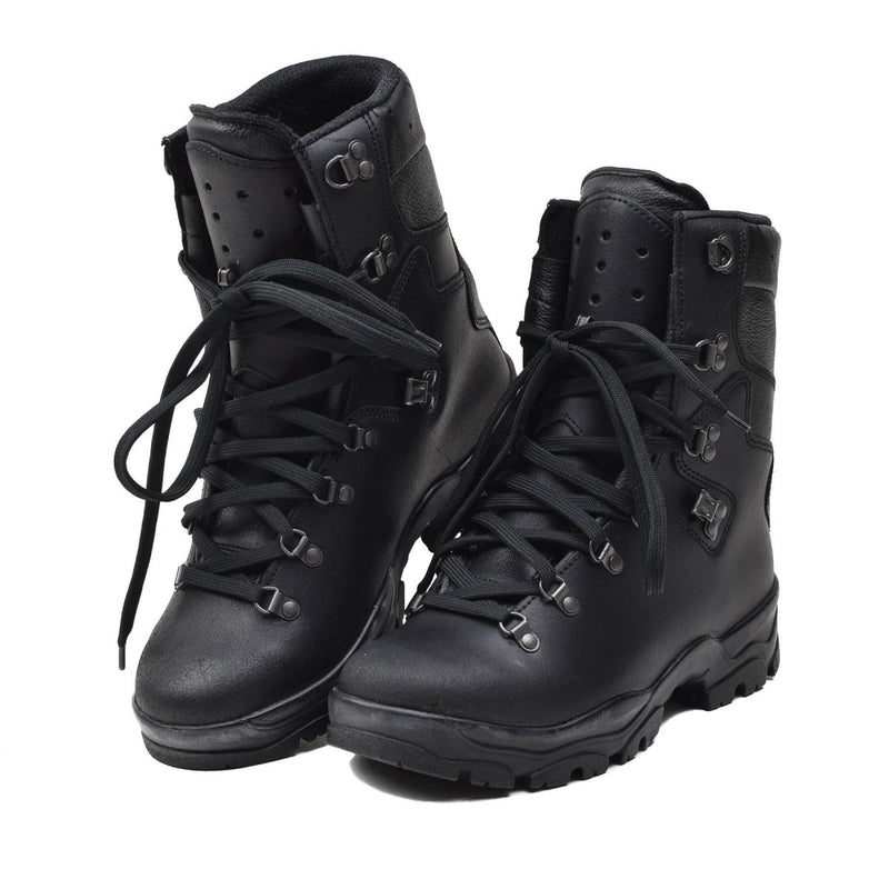 Pair of black Genuine French Military Felin ranger boots with Gore-Tex lining and durable traction sole.