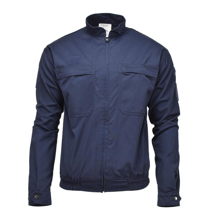 Veste de sport bleu foncé de la Police Militaire française avec taille élastique et poches poitrine pour une utilisation active.