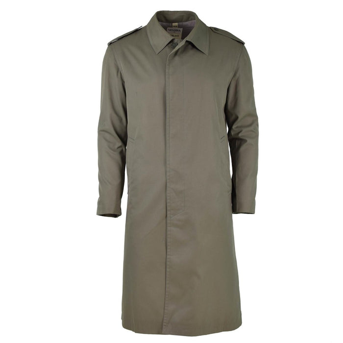 trench imperméable militaire vert olive vintage Français avec fermeture avant pleine longueur et rabat tempête