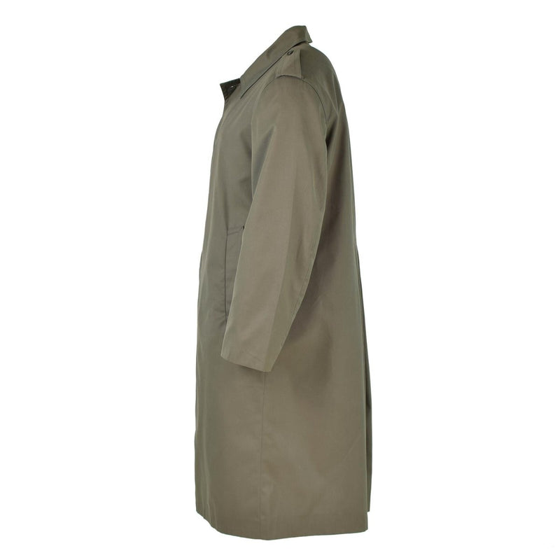 Side view of genuine French military olive green waterproof rain trench coat full length