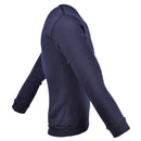 Side view of genuine French military school blue jersey sweatshirt with long sleeves and V-neck design