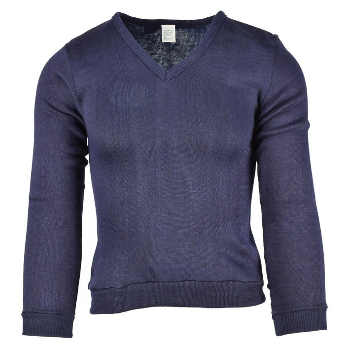 Sweat-shirt col V en jersey bleu d'origine Ecole Militaire Française, confectionné en tissu léger et respirant en coton.