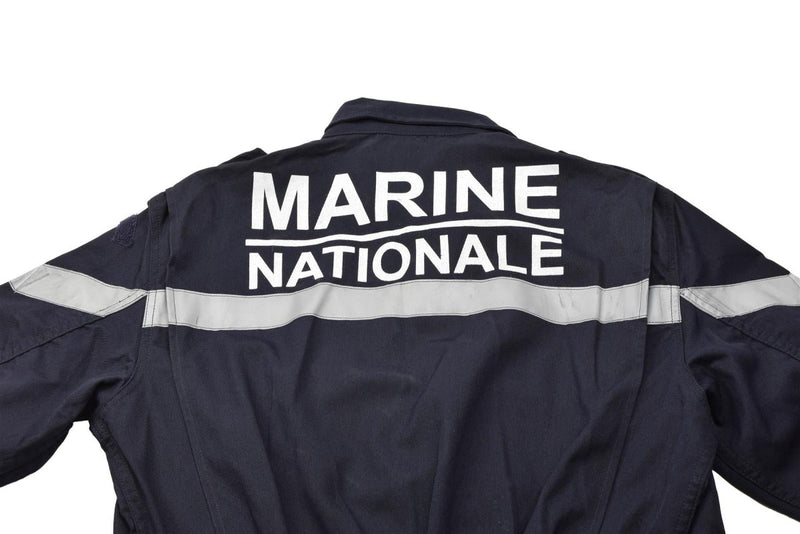 Back view of genuine French navy thermostable marine jumpsuit with reflective bands and Marine Nationale text