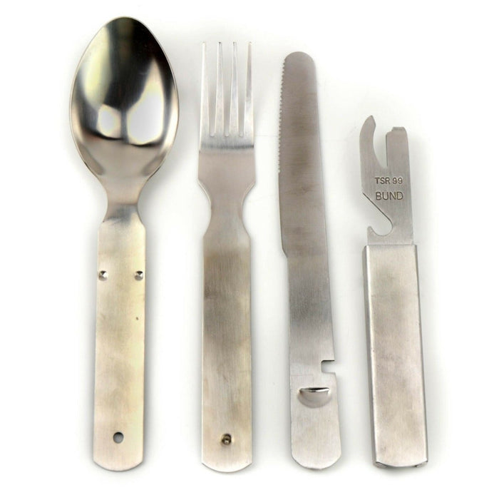 Couverts en acier inoxydable de l'armée allemande avec cuillère, fourchette, couteau et ouvre-boîte multifonction pour une utilisation en extérieur