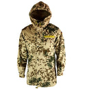 German army field jacket parka with desert flecktarn camouflage, hooded design, and multiple pockets for utility.