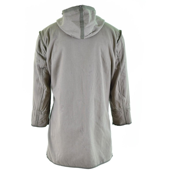 Back view of a genuine German army parka military surplus long coat with a hood and winter lining.