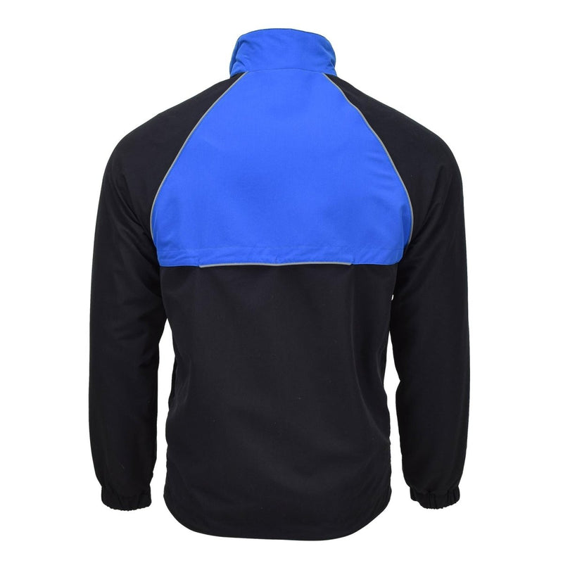 Back view of genuine German Military Bundeswehr blue and black sports jacket with high collar and elastic cuffs