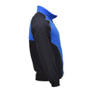 Side view of blue and black genuine German Bundeswehr military sports jacket with zippered front and high collar