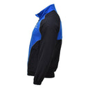 Side view of blue and black Genuine German Military Bundeswehr sports jacket with zippered front and elastic cuffs