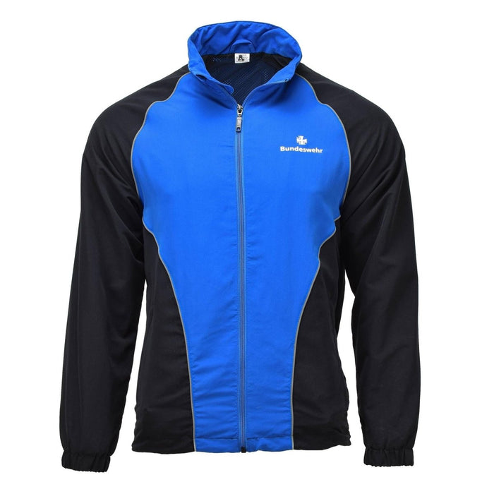 Veste de sport militaire allemande d'origine bleue et noire de la Bundeswehr avec fermeture éclair et passepoil réfléchissant pour les activités de plein air
