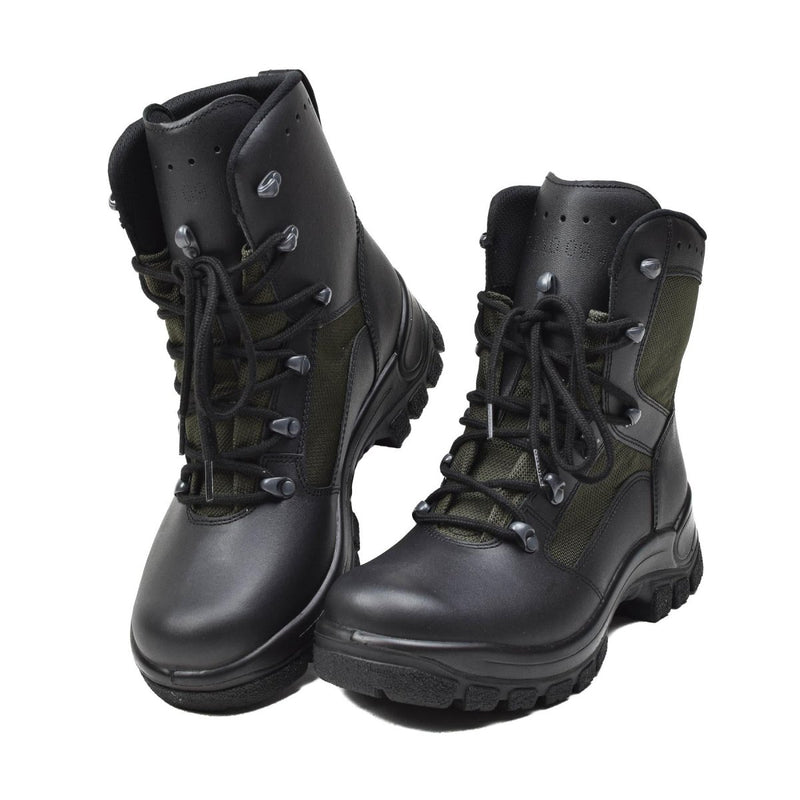 Black Genuine German Military combat boots with leather and textile, slip-resistant sole, and fast lacing system.