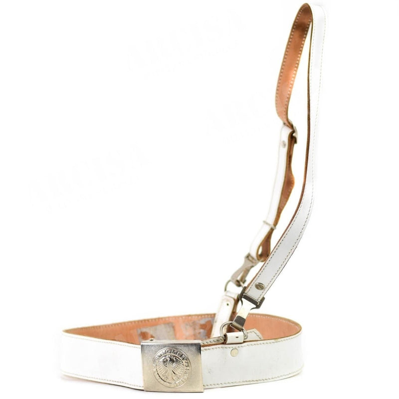 Vintage genuine German military police white leather parade belt with shoulder strap and metal buckle