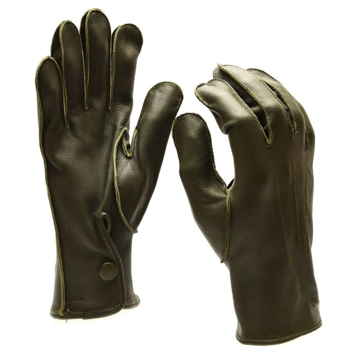 Paire de véritables gants de patrouille en cuir olive de la police allemande avec fermetures de poignet à bouton-pression.