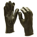 Pair of genuine German police issue olive drab leather patrol gloves with snap-button wrist closures.