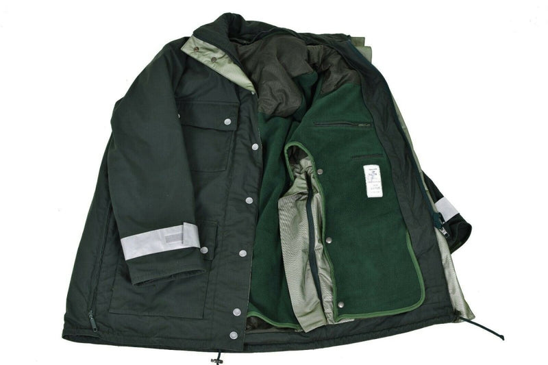 Open genuine German police GoreTex jacket in green with waterproof outer shell and inner fleece lining visible