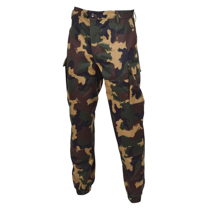 Hungarian military M1990 woodland camo field pants with reinforced knees and cargo pockets, new and durable design.